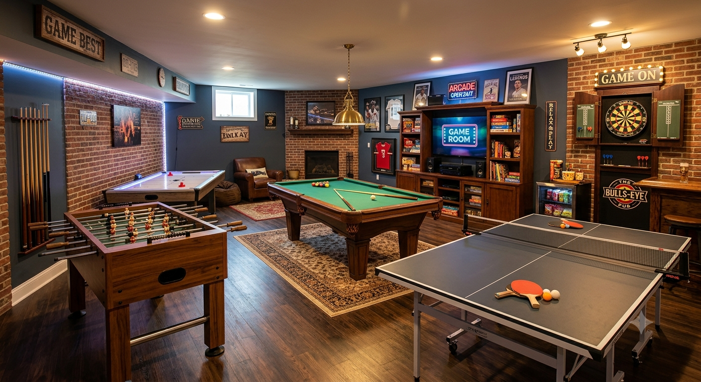 Custom designed game room with pool table and lighting